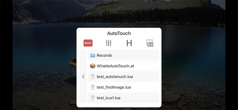 The actual AutoTouch control panel with a Record button and saved Lua scripts.